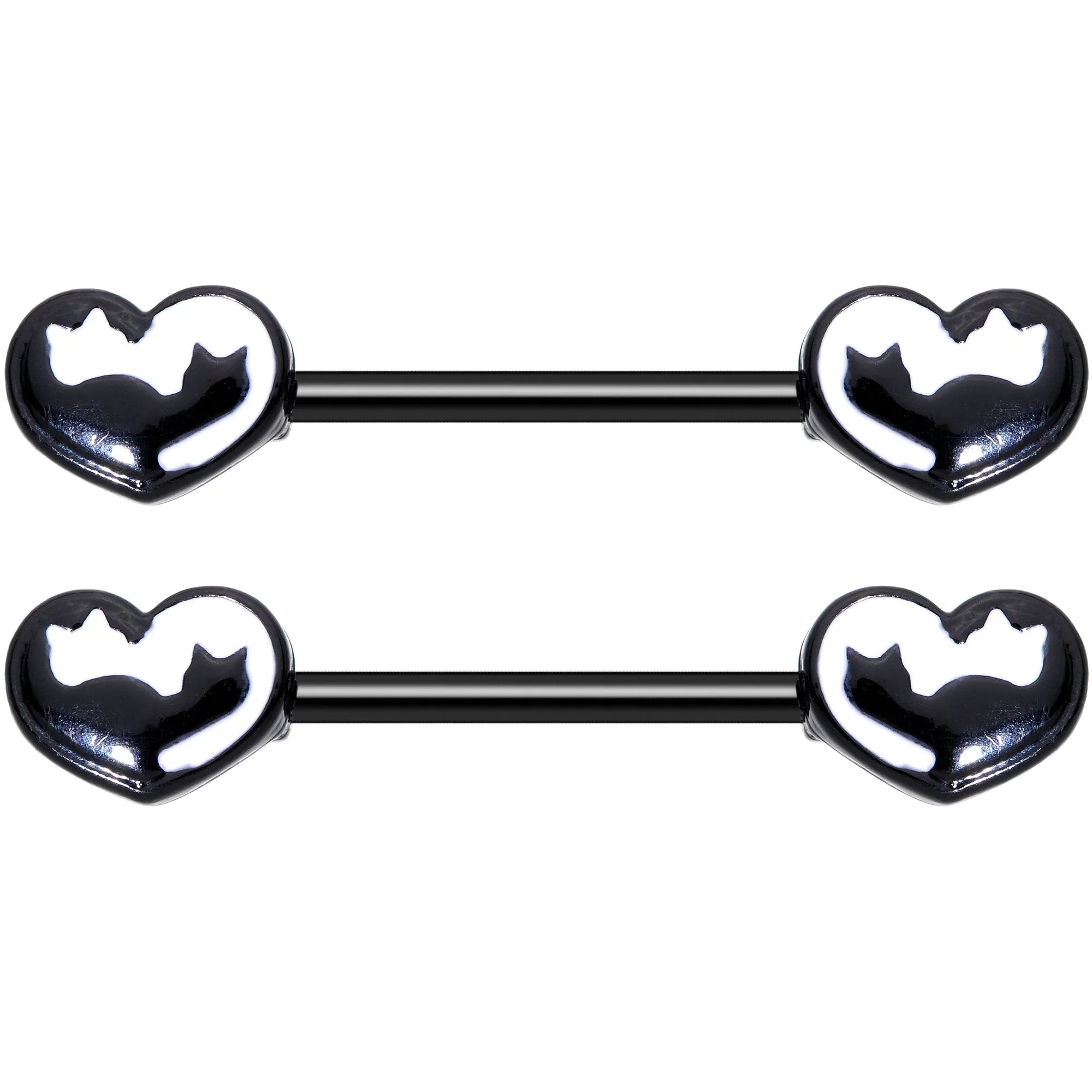 14 Gauge 9/16 Black White Silhouette Cat Lover Barbell Nipple Ring Set