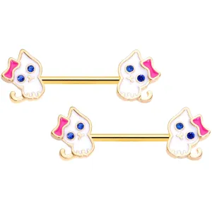 14 Gauge 9/16 Blue Gem Gold Tone Kitty Cat Barbell Nipple Ring Set