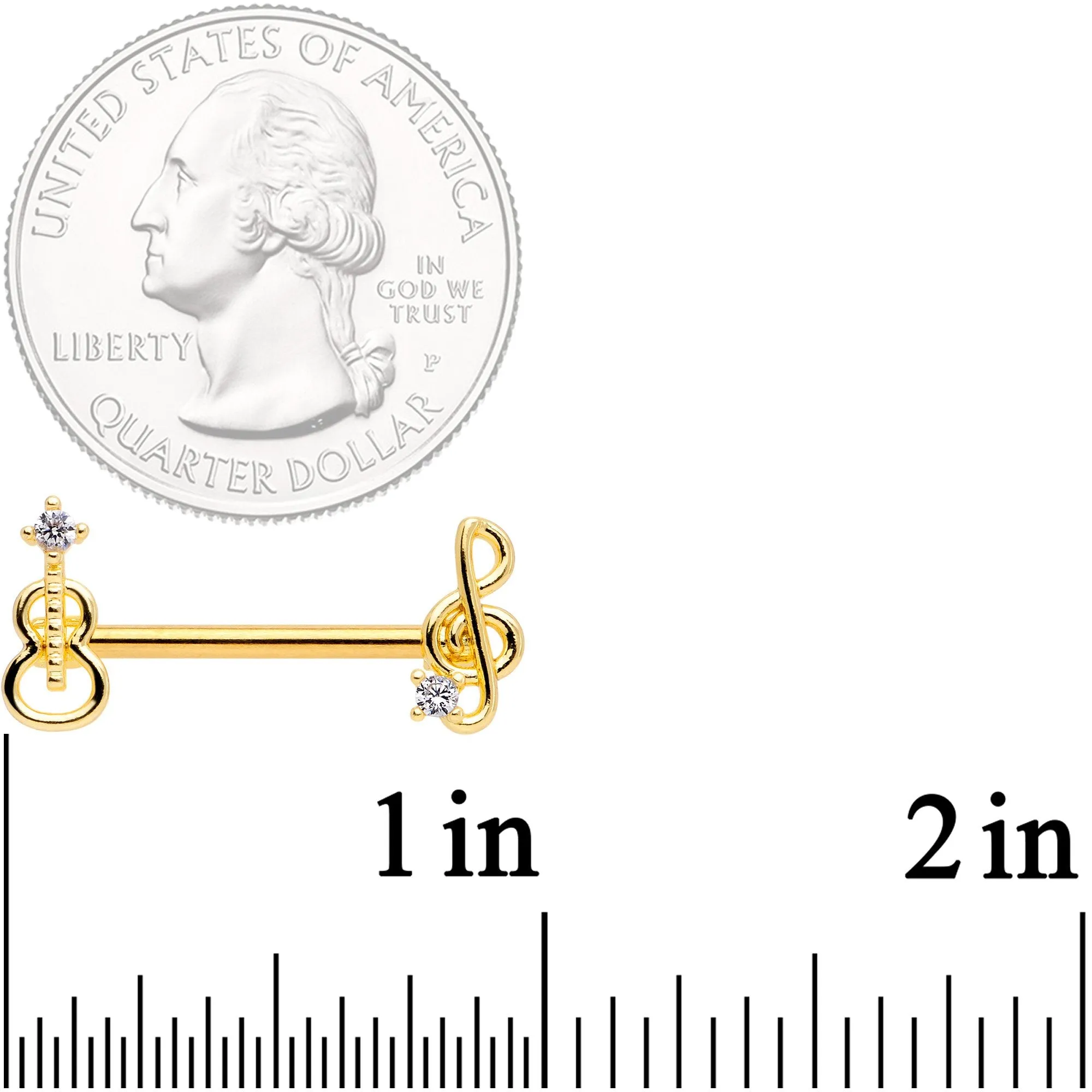 14 Gauge 9/16 Clear CZ Gold Tone Music Lover Barbell Nipple Ring Set