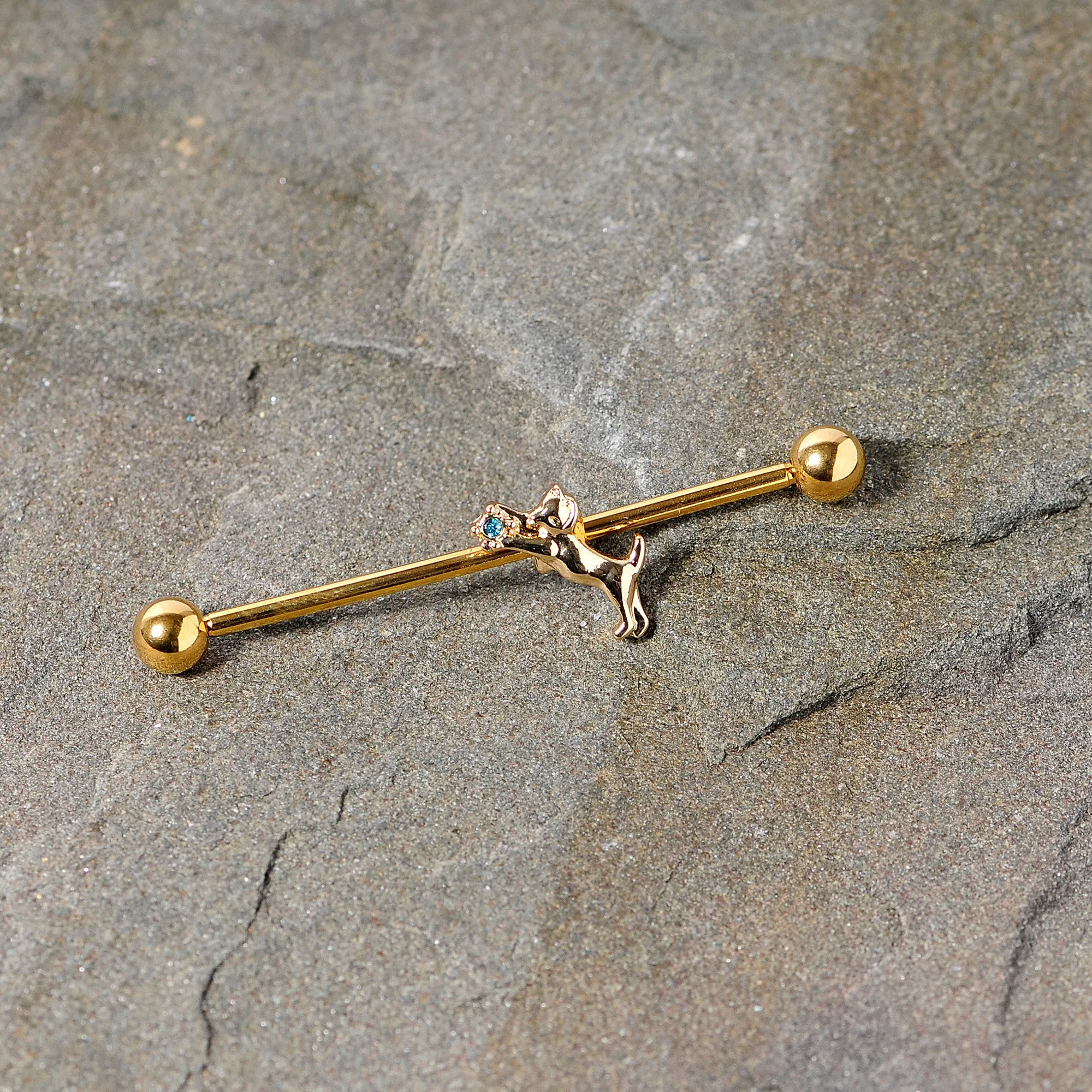 14 Gauge Blue Gem Gold Tone Leaping Cat Industrial Barbell 38mm
