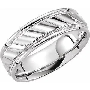 14K White 6.75 mm Ridged Band with Milgrain Size 4