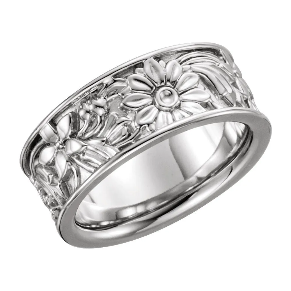 14k White Gold 8.5mm Floral-Inspired Band Size 6