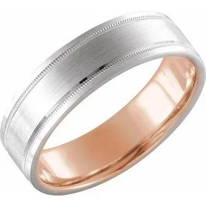 14K White/Rose 7 mm Flat Band with Milgrain & Matte Finish Size 11