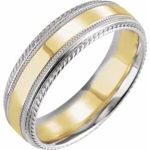 14K White/Yellow/White Rope Edge Band with Milgrain Size 8.5