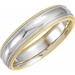 14K Yellow & White 5.5 mm Half Round Band with Double Milgrain Size 8