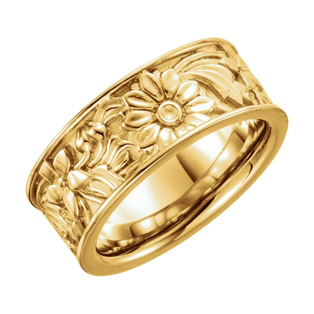 14k Yellow Gold 8.5mm Floral-Inspired Band Size 8