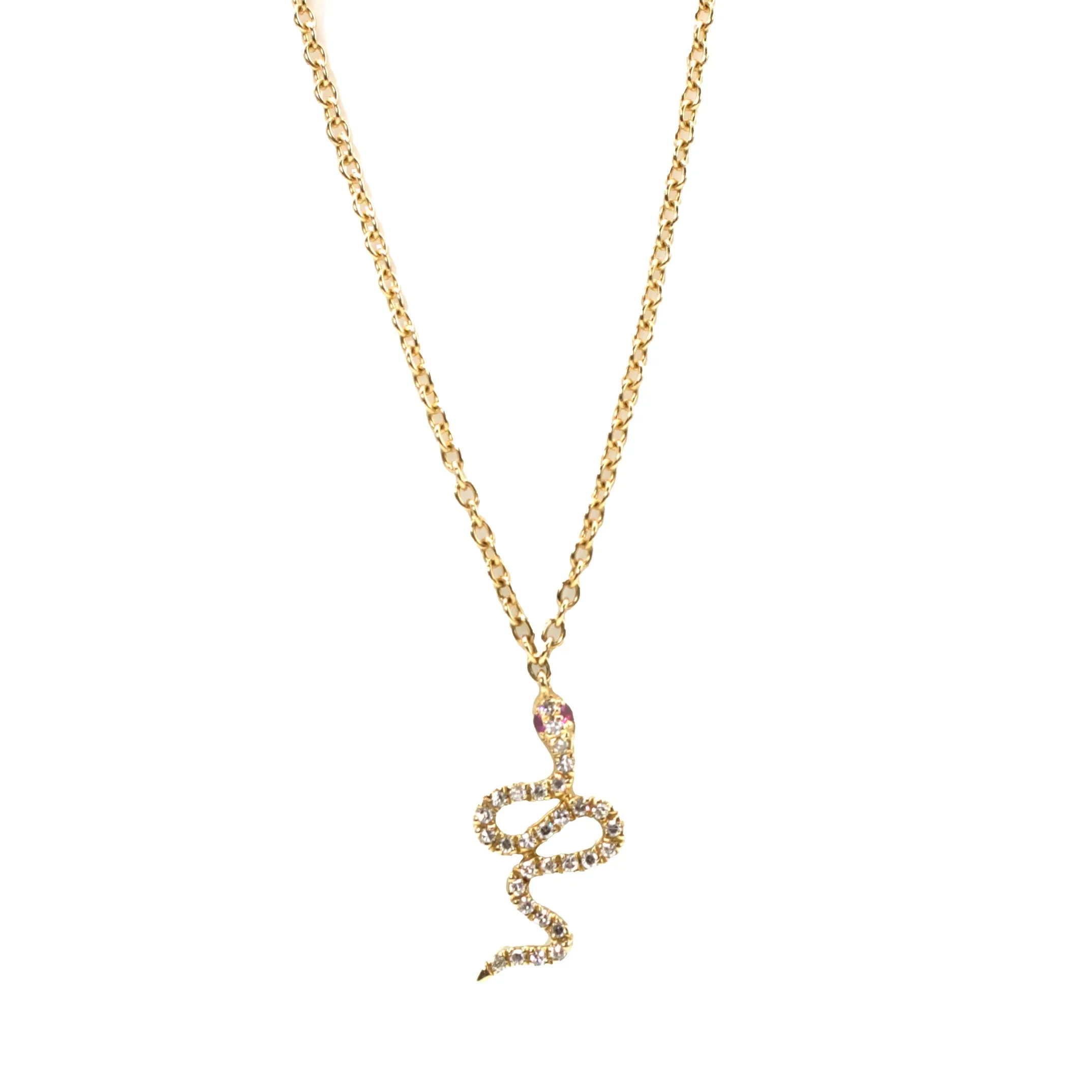 14K Yellow Gold Necklace with Diamond and Ruby Undulating Snake