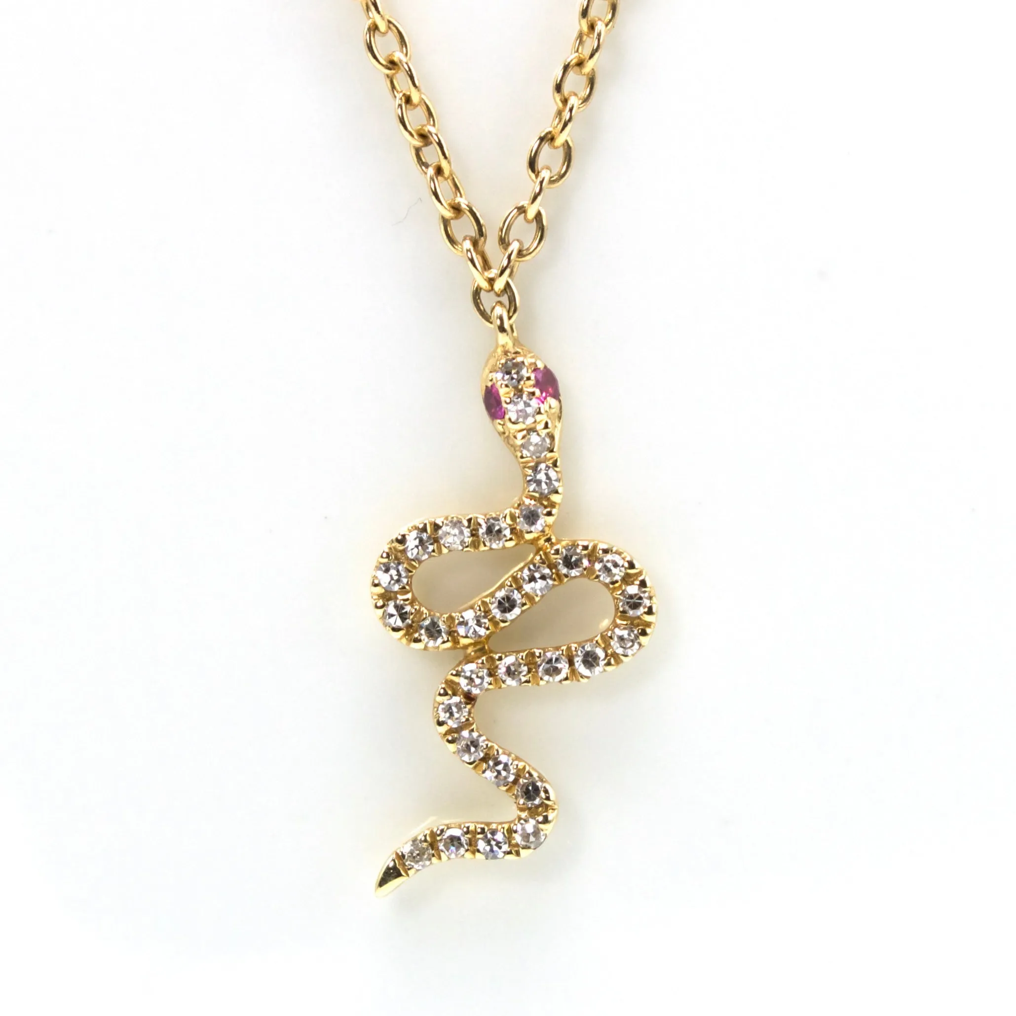 14K Yellow Gold Necklace with Diamond and Ruby Undulating Snake