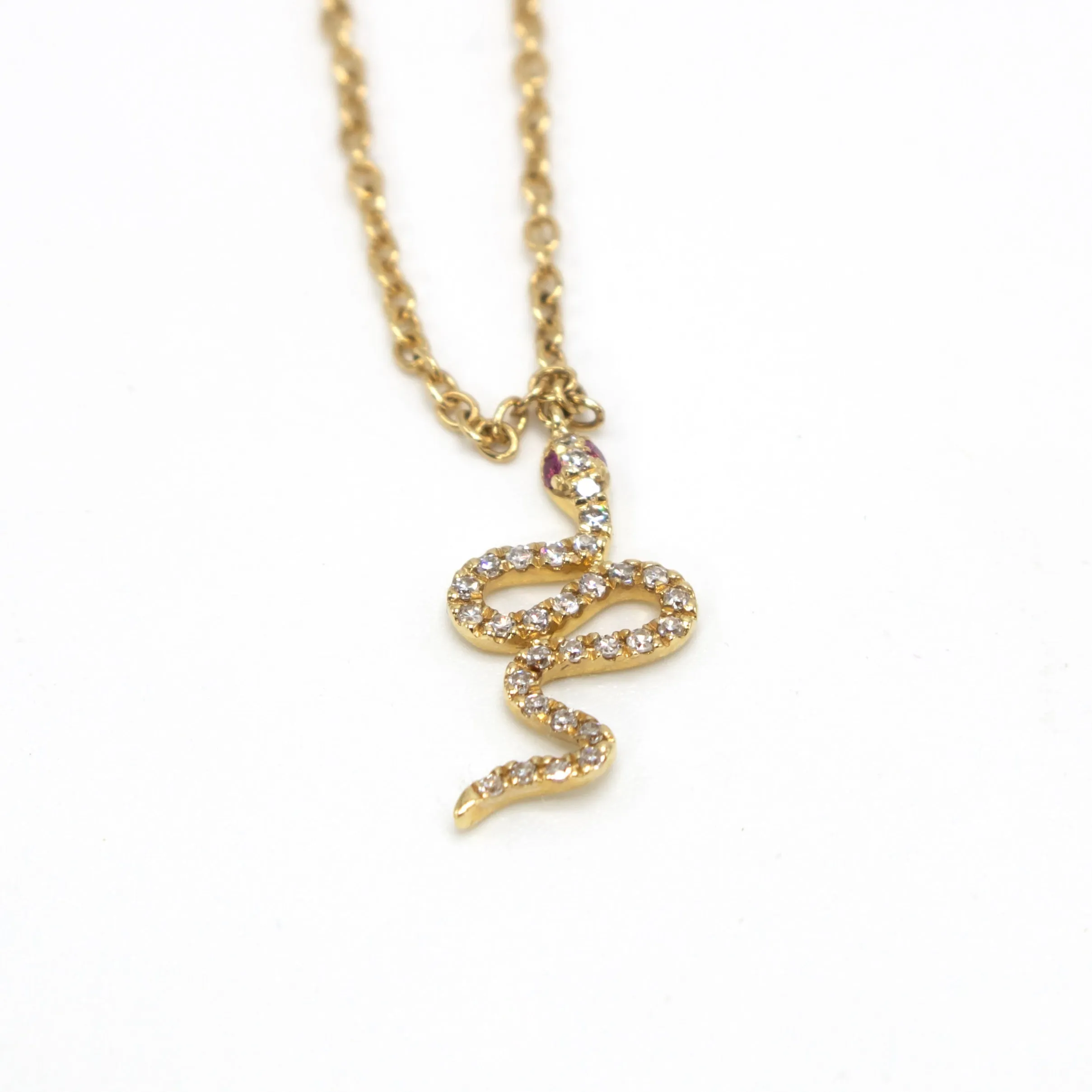 14K Yellow Gold Necklace with Diamond and Ruby Undulating Snake