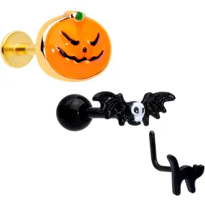 16 Gauge 20 Gauge Bat Pumpkin Halloween Cartilage Labret Nose Set of 3