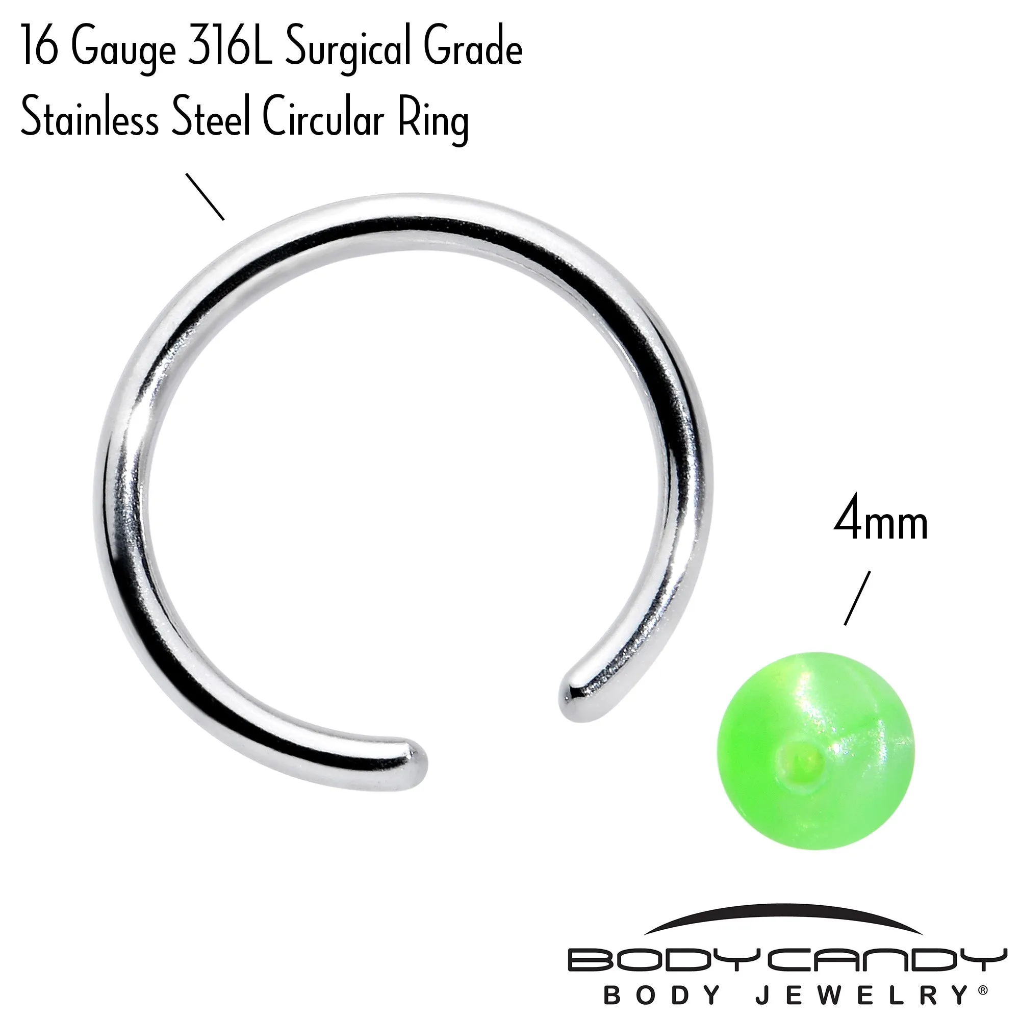 16 Gauge 3/8 Simple Opaque Bright Green Ball BCR Captive Bead Ring