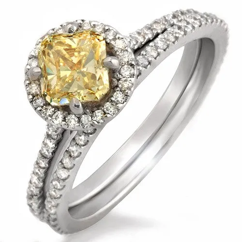 1.60ct Total weight Fancy Yellow Diamond Wedding Set, 18k White Gold