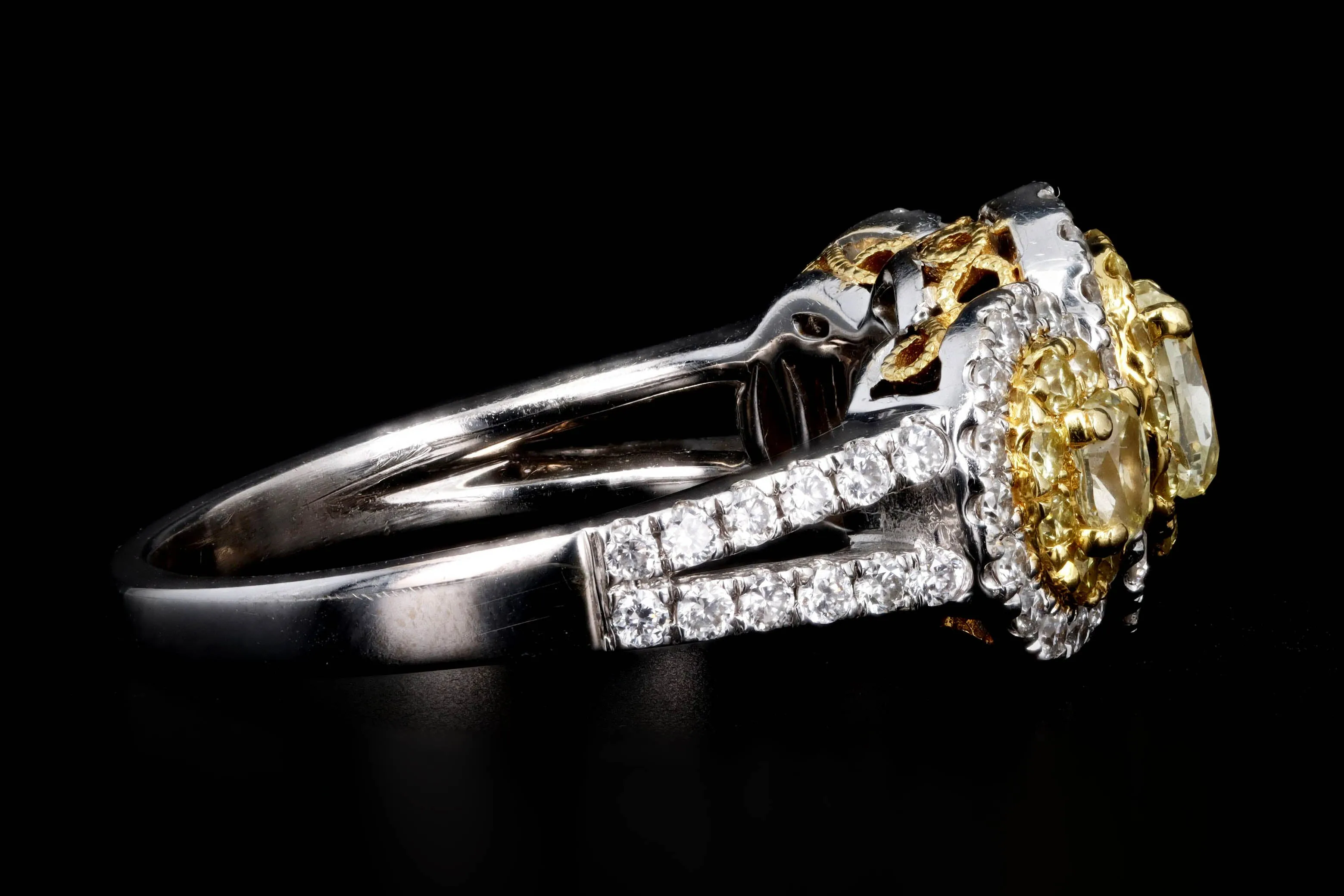 18K Gold 1.50 Carat Total Weight Fancy Yellow Oval Diamond Halo Engagement Ring