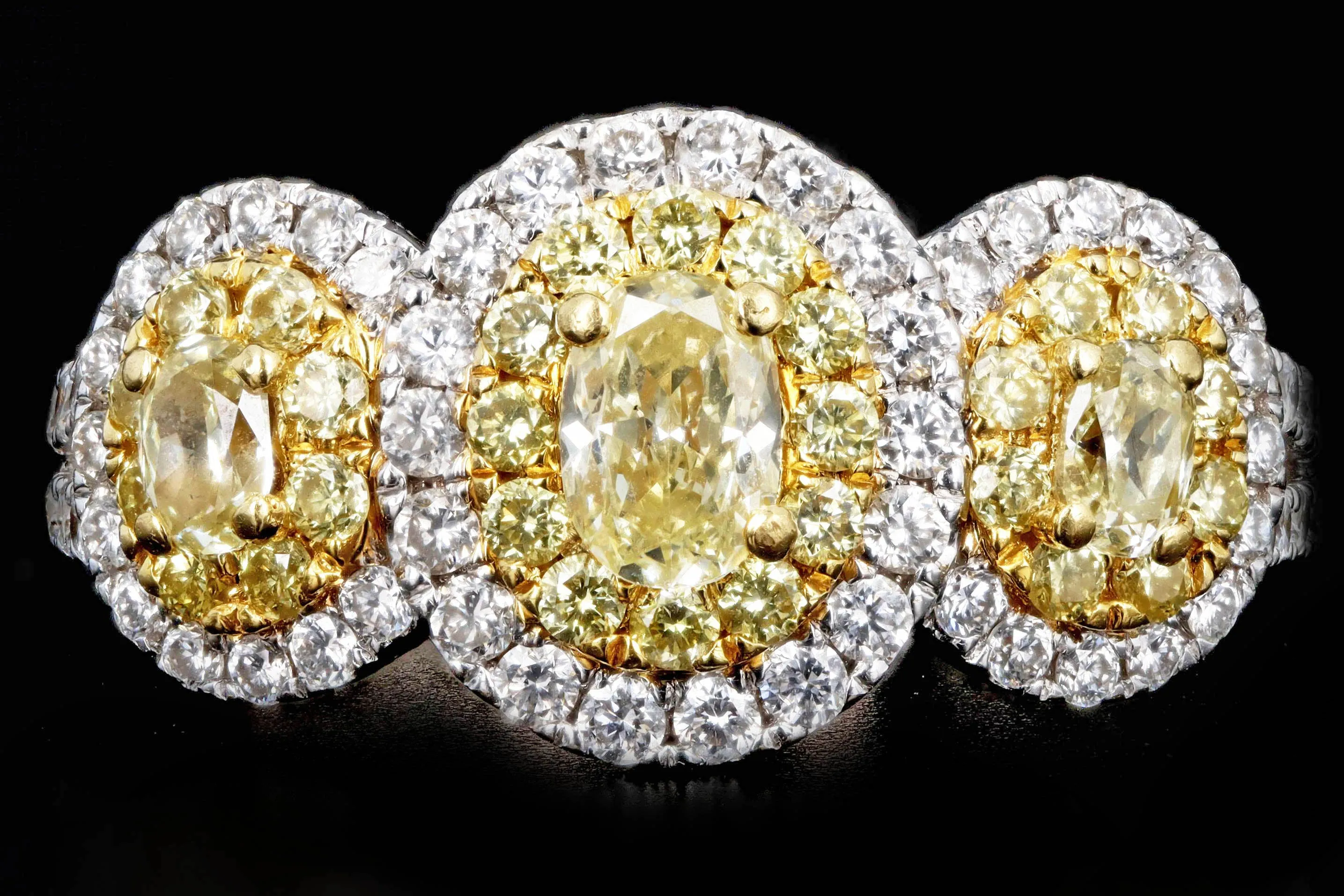 18K Gold 1.50 Carat Total Weight Fancy Yellow Oval Diamond Halo Engagement Ring