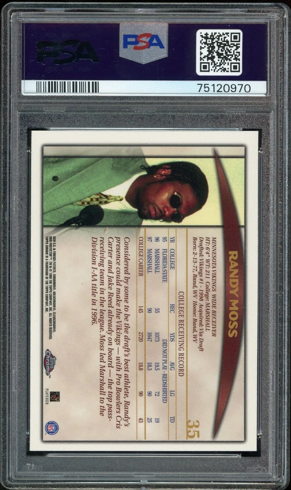 1998 Topps Chrome #35 Randy Moss RC Rookie Vikings On Card 10/10 Auto GEM MINT
