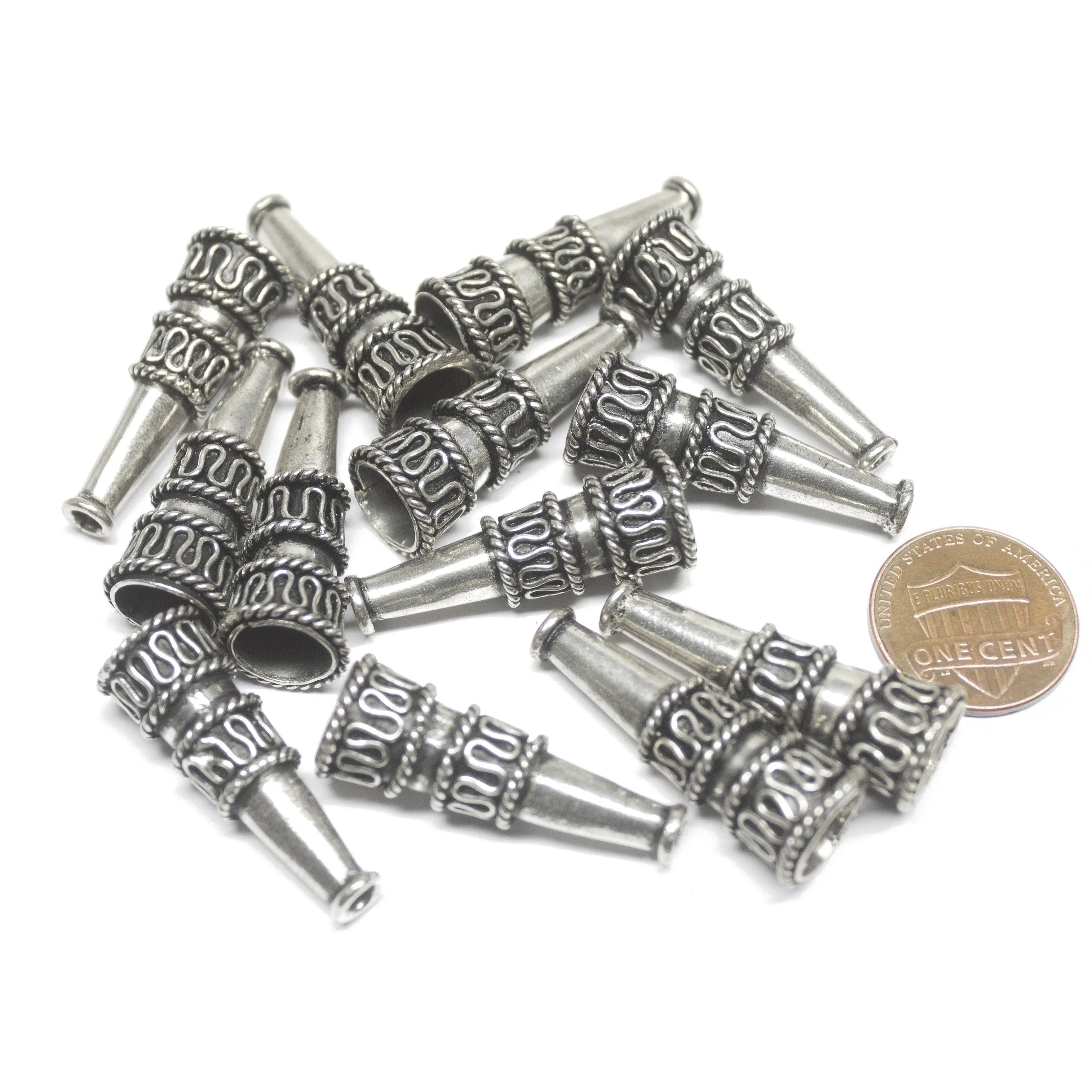 2 Tribal Bead Caps Antique Silver Tone Teardrop Finding - CN045
