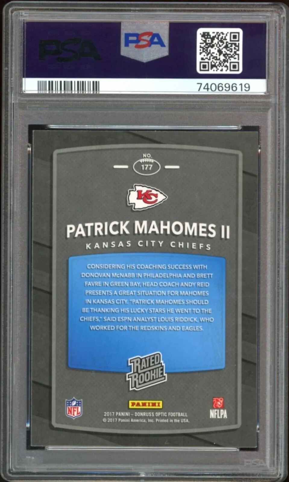 2017 Donruss Optic Rated Rookie Patrick Mahomes On Card PSA Authentic Auto 10