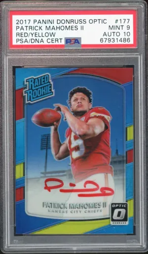 2017 Donruss Optic Rated Rookie Red Yellow Prizm Patrick Mahomes PSA 9/10 Auto