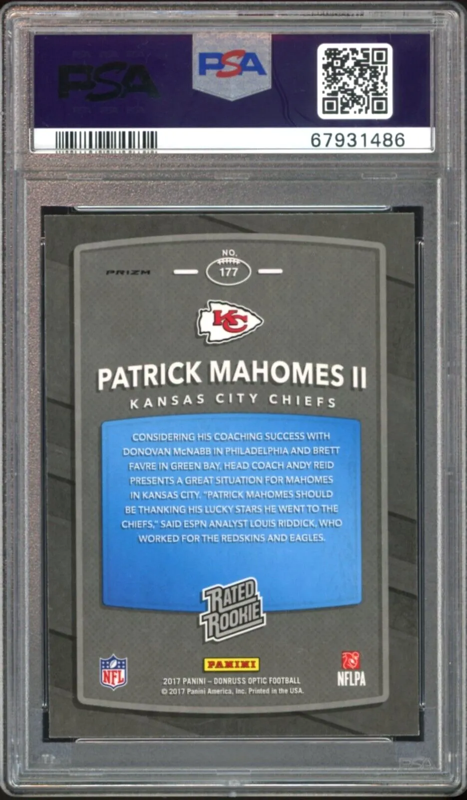 2017 Donruss Optic Rated Rookie Red Yellow Prizm Patrick Mahomes PSA 9/10 Auto