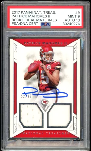 2017 National Treasures Rookie Dual Materials Patrick Mahomes PSA 9/10 Auto MINT