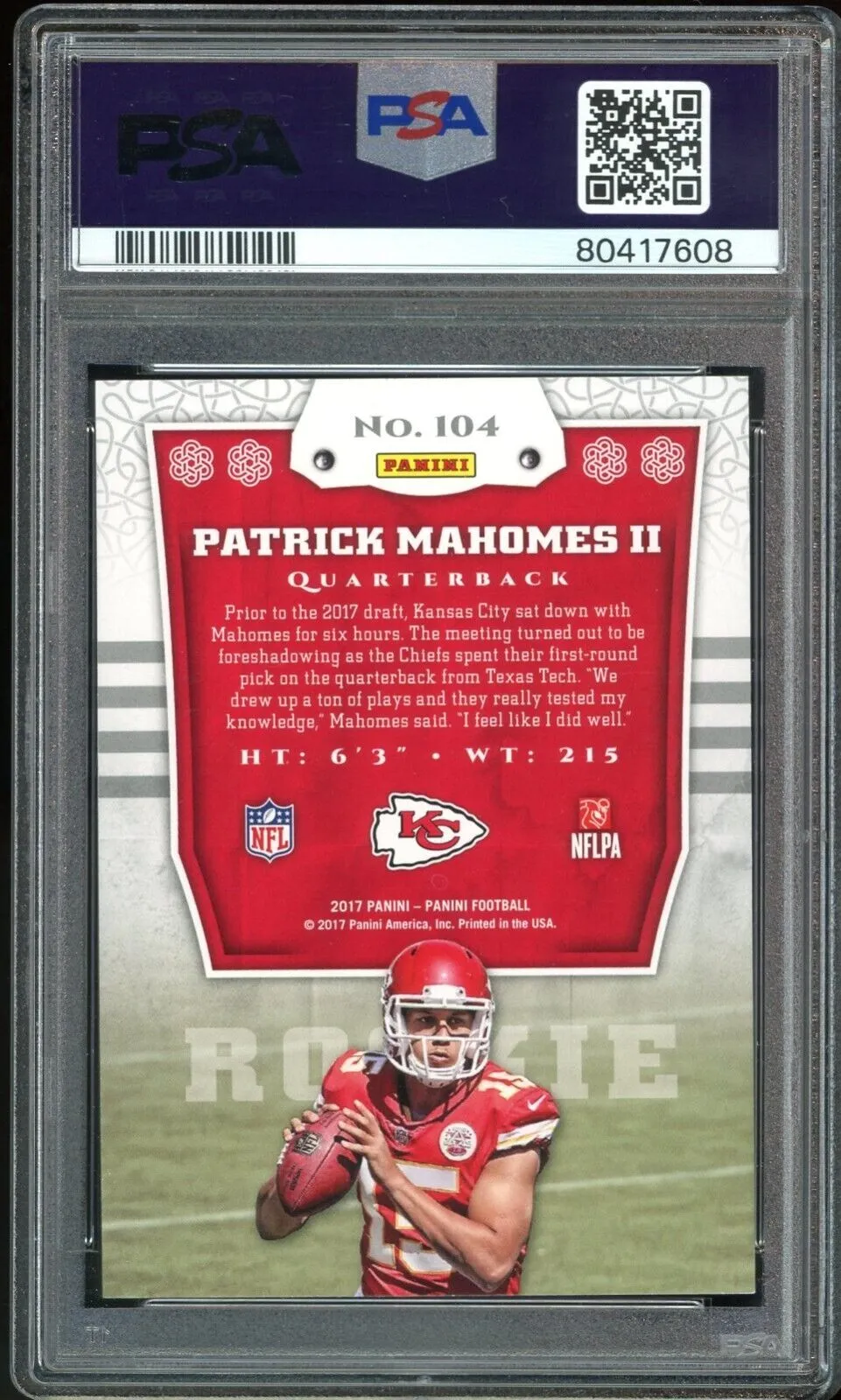 2017 Panini #104 Patrick Mahomes RC Rookie On Card PSA 10/10 Auto GEM MINT