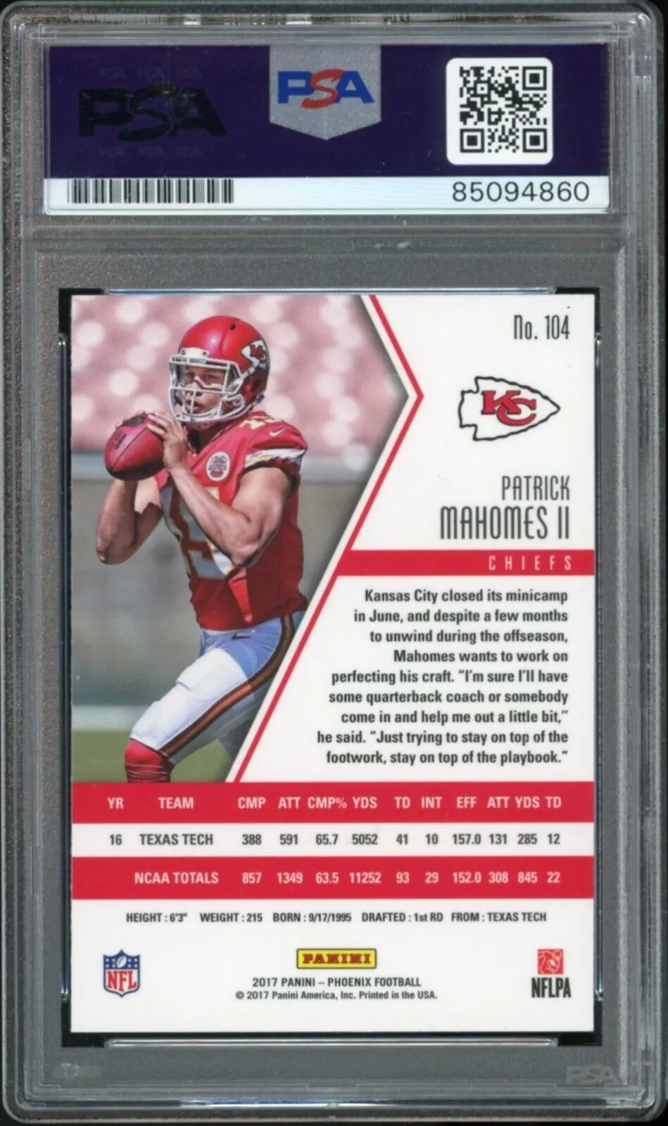 2017 Panini Phoenix #104 Patrick Mahomes RC Rookie PSA/DNA Auto GEM MINT 10
