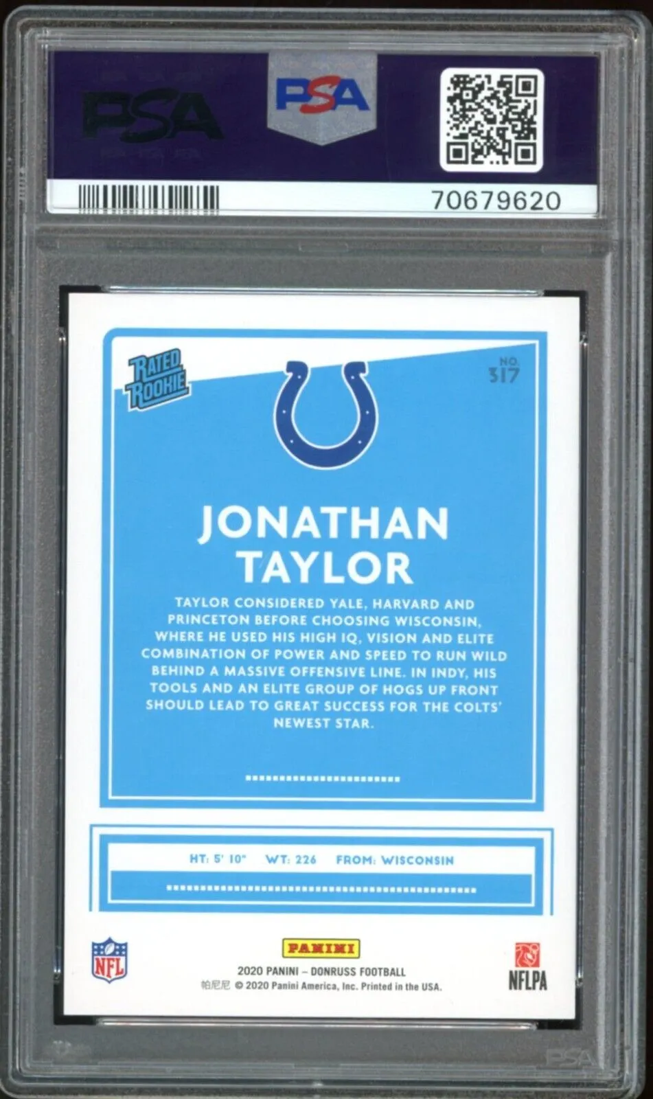 2020 Panini Donruss #317 Rated Rookie Jonathan Taylor Colts PSA GEM MINT 10