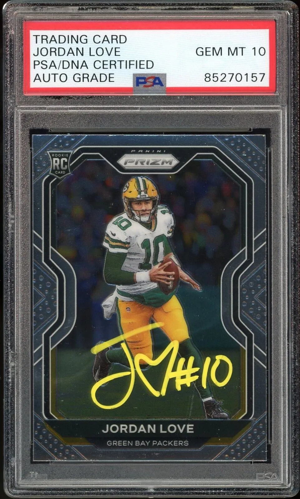2020 Panini Prizm Jordan Love RC On Card Yellow Ink PSA/DNA Auto GEM MINT 10