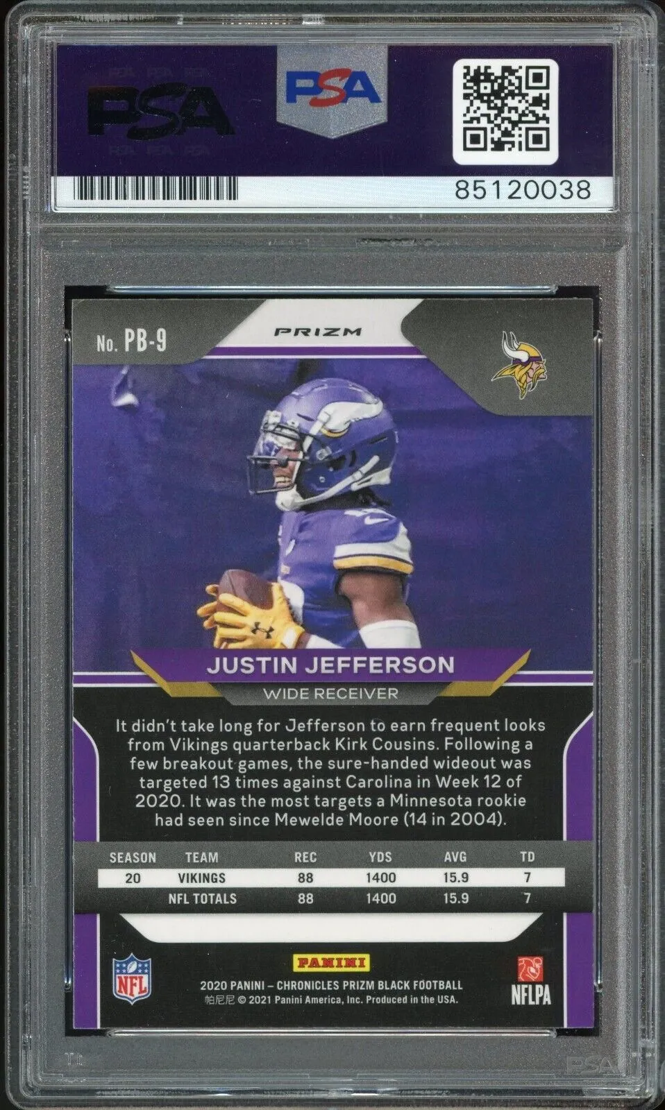 2020 Prizm Black Silver Justin Jefferson RC On Card PSA/DNA Auto GEM MINT 10
