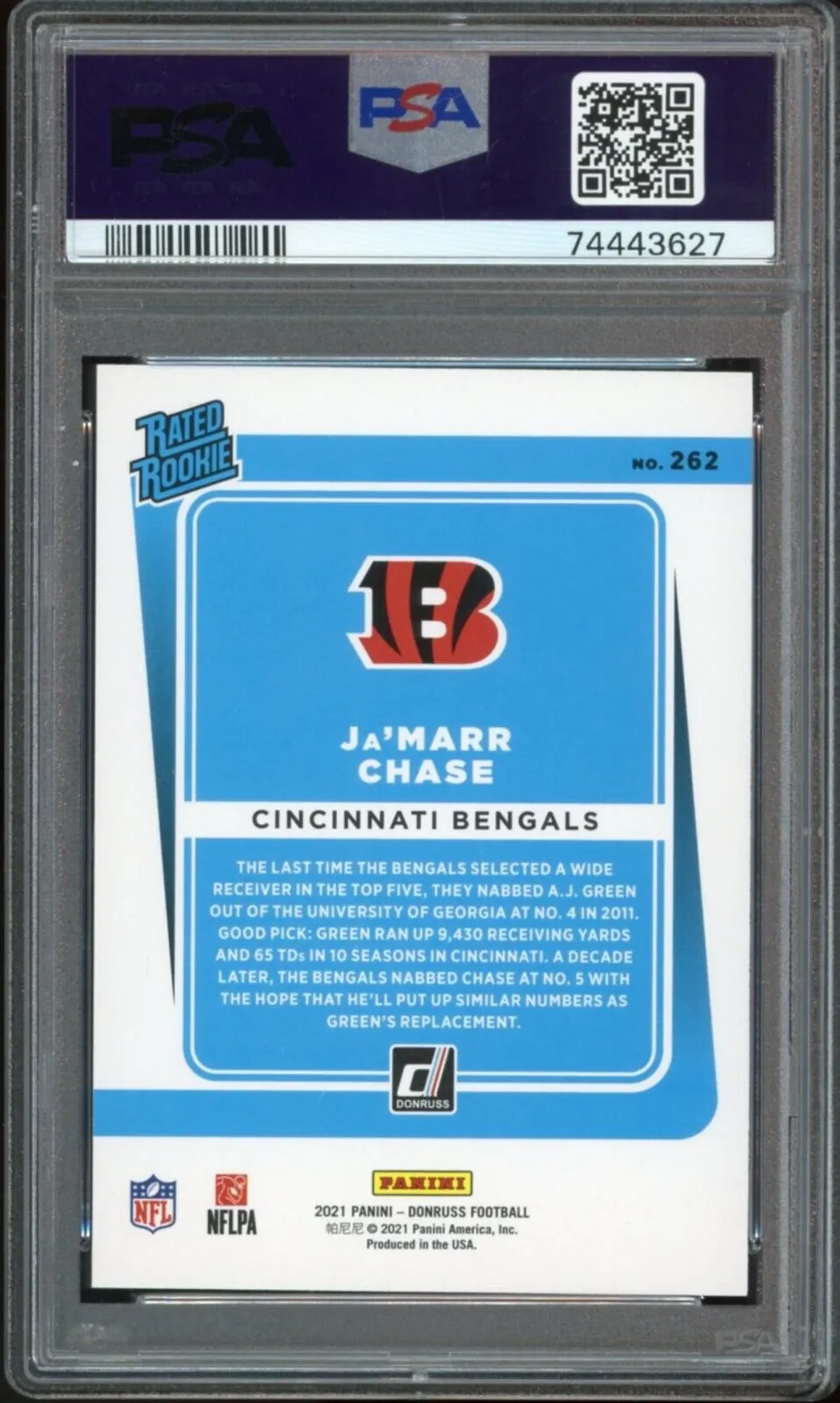 2021 Donruss #262 Ja'Marr Chase RC Rookie Bengals PSA 10 GEM MINT