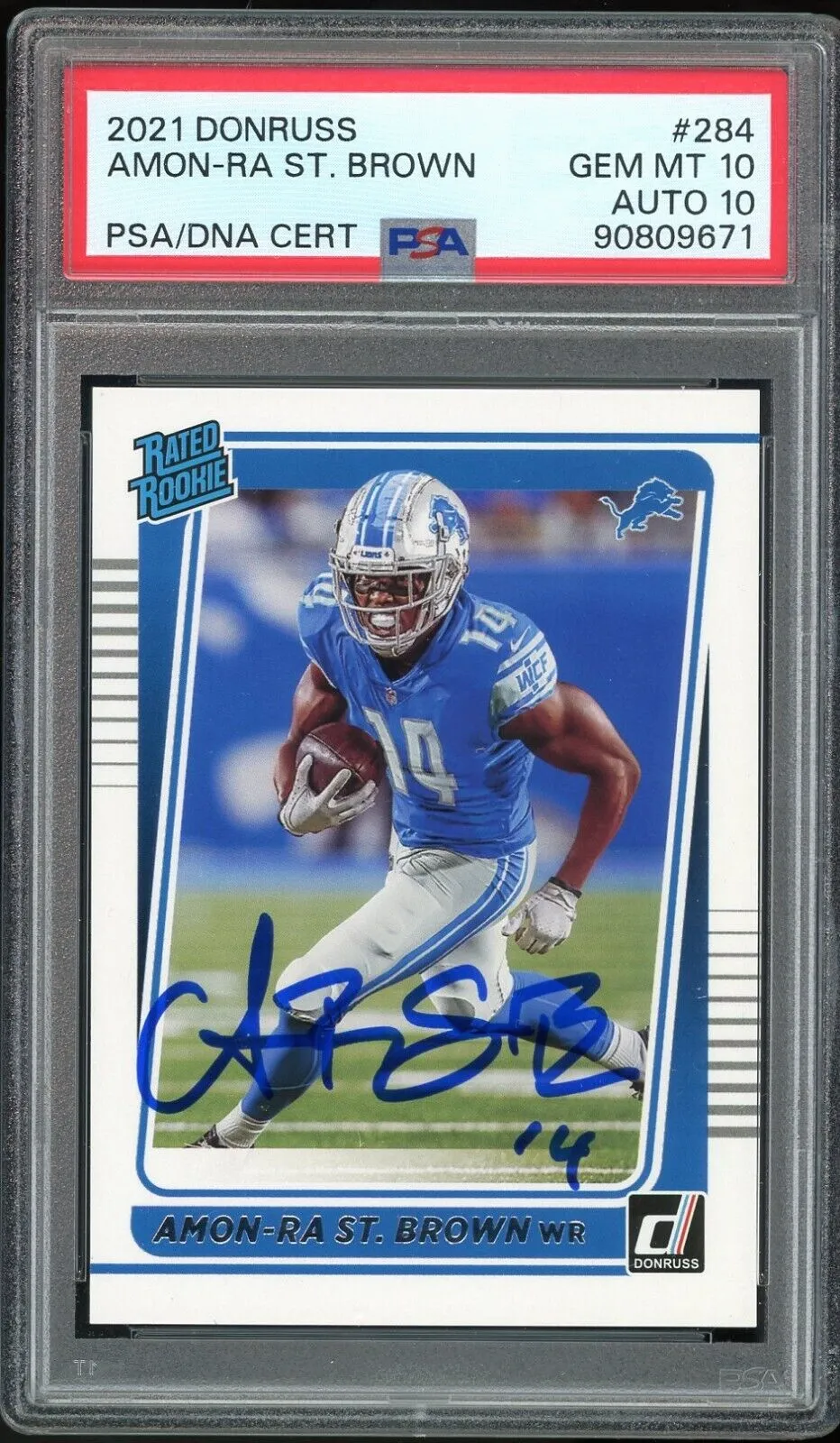 2021 Donruss Rated Rookie Amon-Ra St. Brown On Card PSA 10/10 Auto GEM MINT