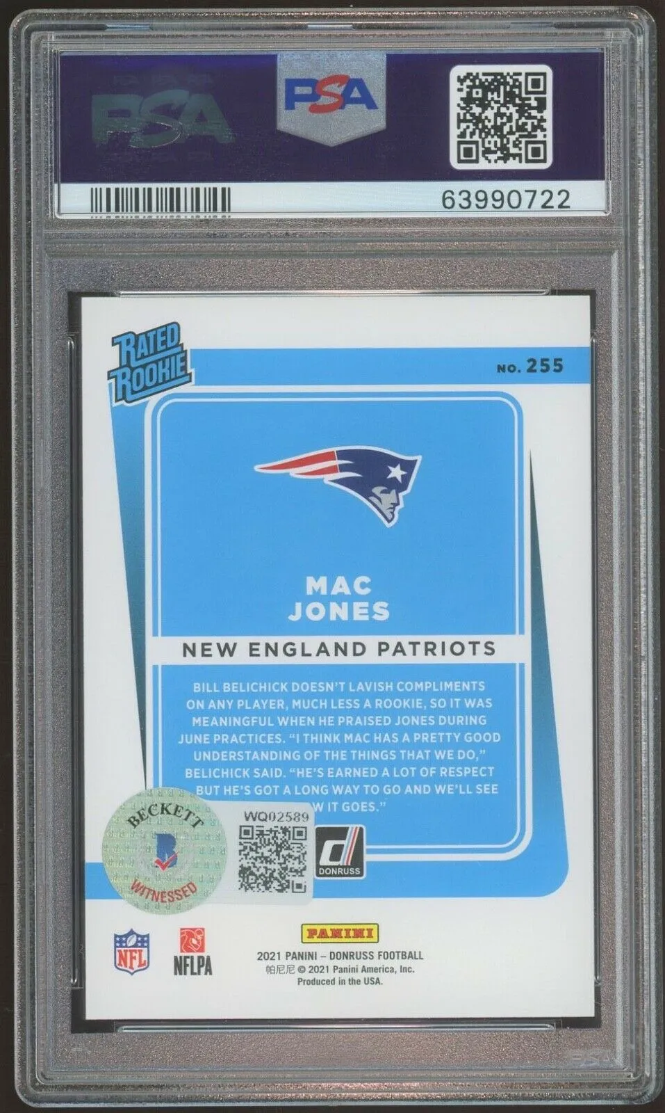 2021 Panini Donruss Rated Rookie #255 Mac Jones RC Patriots PSA 10/10 Auto BAS