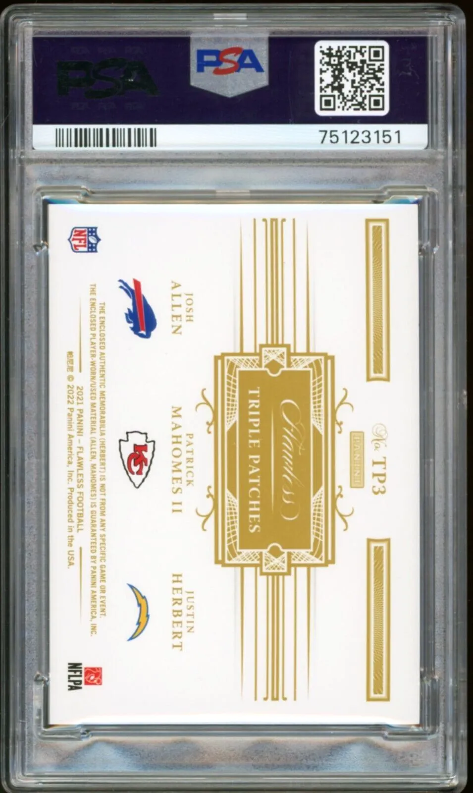 2021 Panini Flawless Triple Patch Mahomes/Allen/Herbert On Card PSA 9/10 Auto