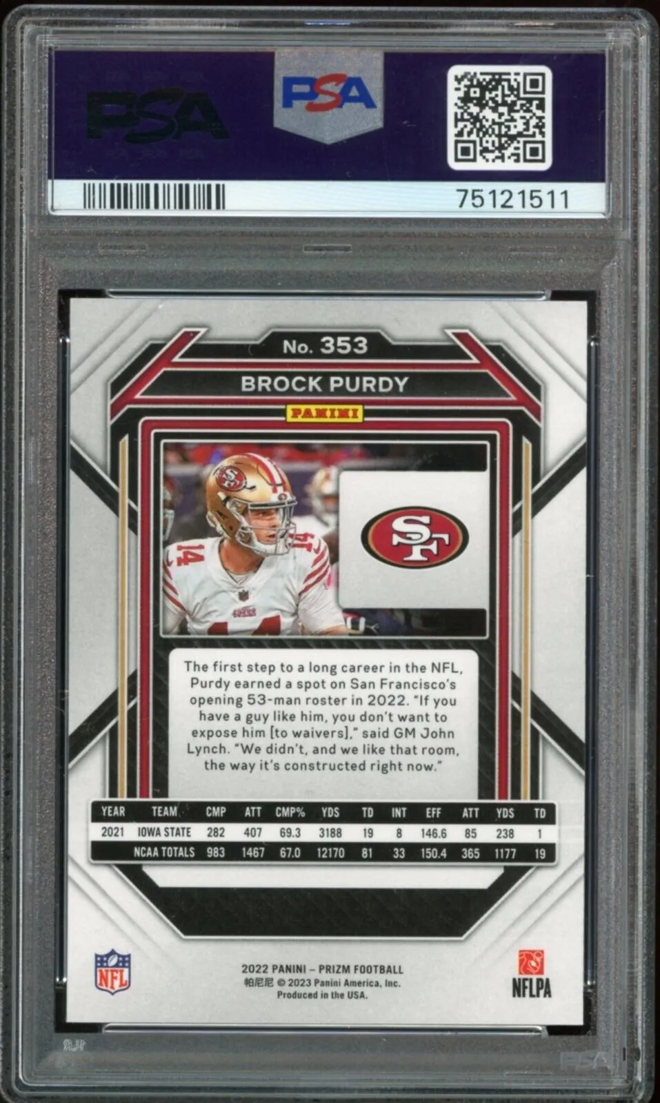 2022 Prizm #353 Brock Purdy RC Rookie 49ers PSA 10 GEM MINT