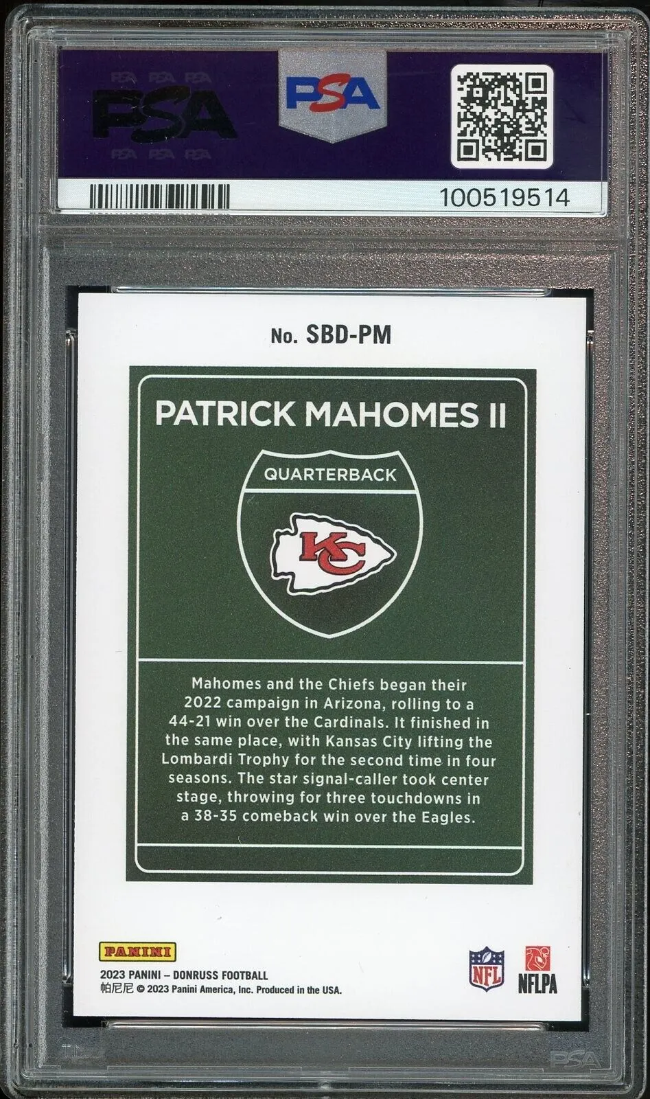 2023 Donruss Super Bowl Downtown Patrick Mahomes On Card PSA 9/10 Auto MINT