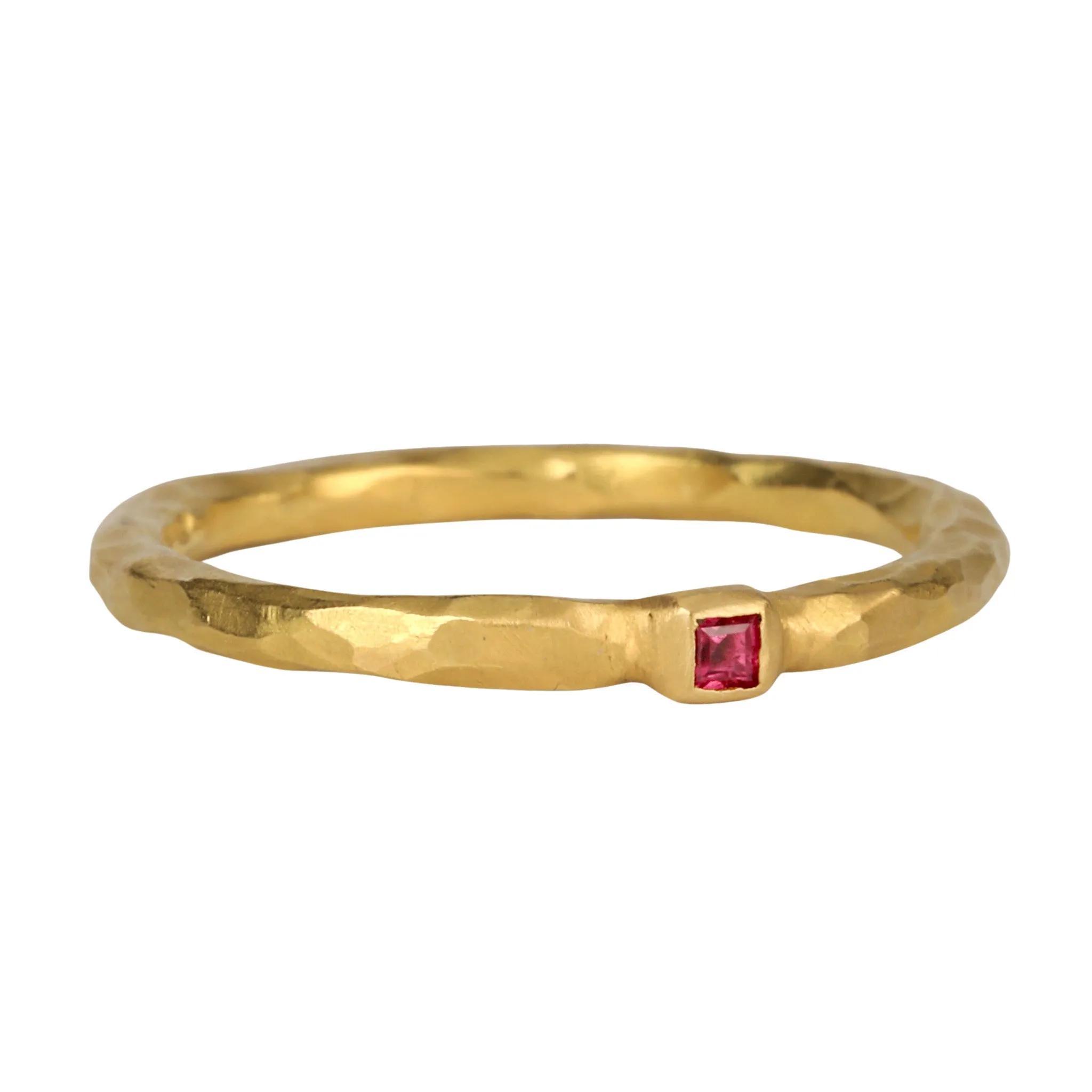 22K Gold Thin Hammered Band with Square Burmese Ruby "Floating Bezel"