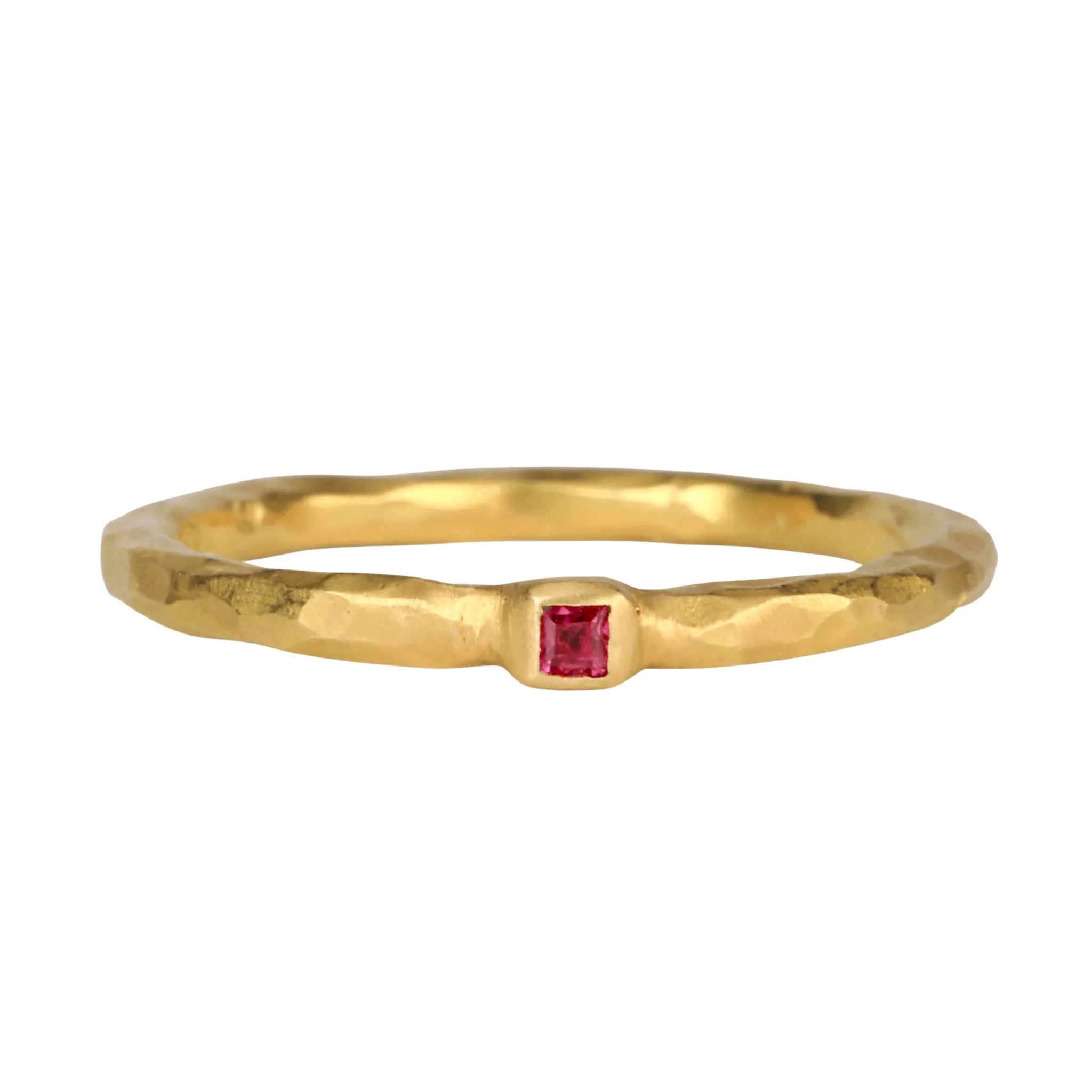 22K Gold Thin Hammered Band with Square Burmese Ruby "Floating Bezel"