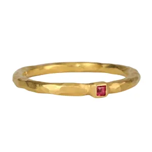 22K Gold Thin Hammered Band with Square Burmese Ruby "Floating Bezel"
