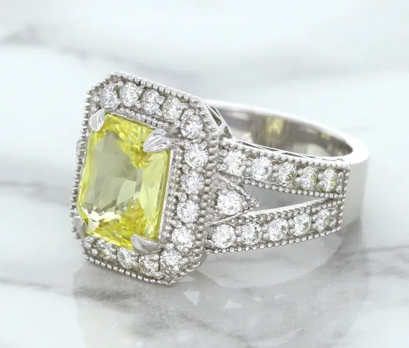 3.64ct Radiant Yellow Sapphire Ring with Diamond Halo in 18K White Gold