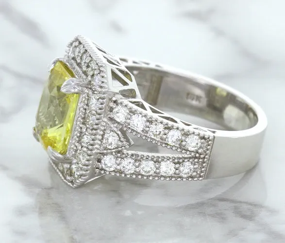 3.64ct Radiant Yellow Sapphire Ring with Diamond Halo in 18K White Gold