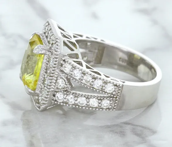 3.64ct Radiant Yellow Sapphire Ring with Diamond Halo in 18K White Gold