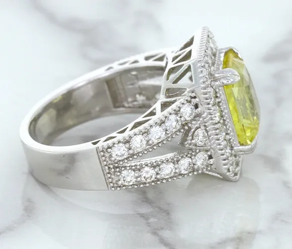 3.64ct Radiant Yellow Sapphire Ring with Diamond Halo in 18K White Gold
