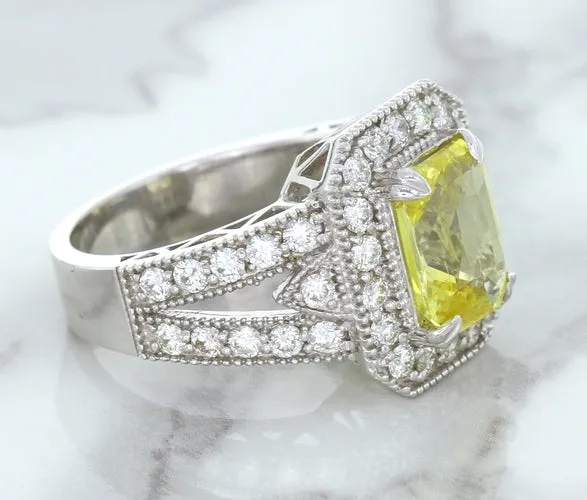 3.64ct Radiant Yellow Sapphire Ring with Diamond Halo in 18K White Gold