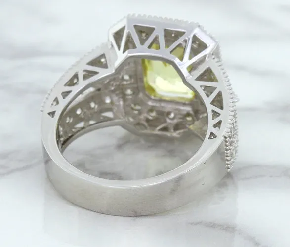 3.64ct Radiant Yellow Sapphire Ring with Diamond Halo in 18K White Gold