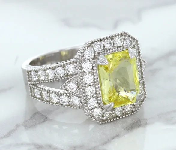 3.64ct Radiant Yellow Sapphire Ring with Diamond Halo in 18K White Gold