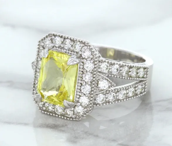3.64ct Radiant Yellow Sapphire Ring with Diamond Halo in 18K White Gold