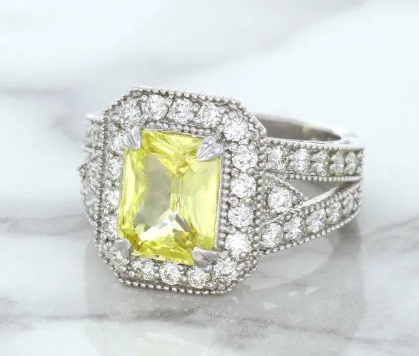3.64ct Radiant Yellow Sapphire Ring with Diamond Halo in 18K White Gold