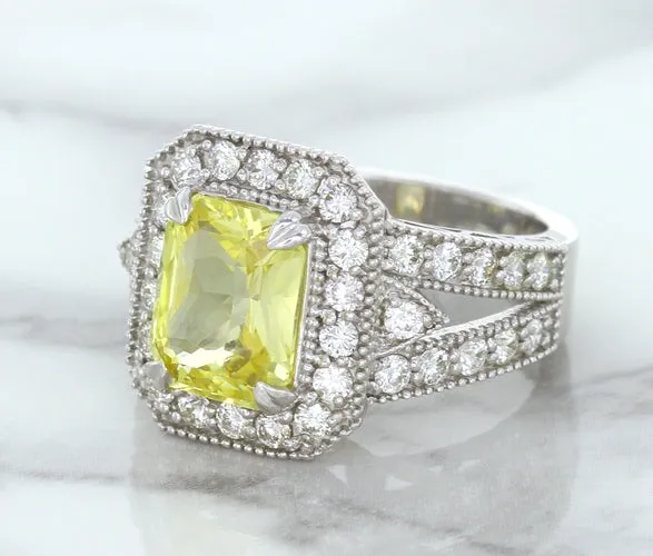 3.64ct Radiant Yellow Sapphire Ring with Diamond Halo in 18K White Gold