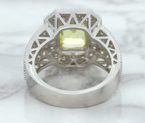3.64ct Radiant Yellow Sapphire Ring with Diamond Halo in 18K White Gold