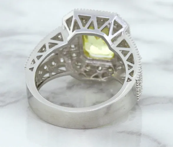 3.64ct Radiant Yellow Sapphire Ring with Diamond Halo in 18K White Gold